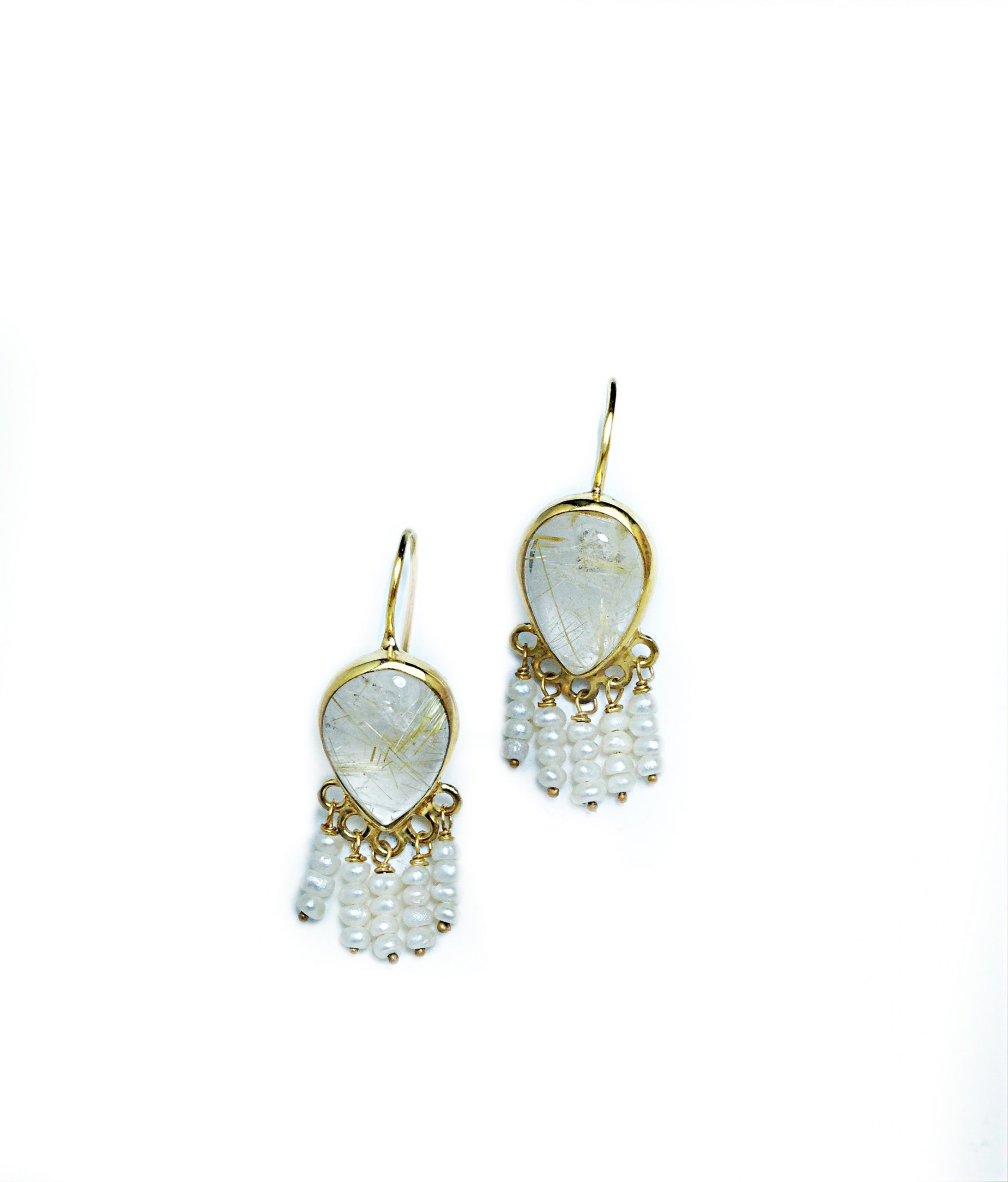 Handmade drop earrings with Rutile and pearls by Tonia Makri